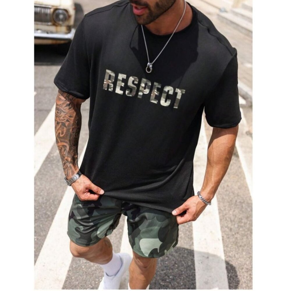 Shein Manfinity Plus Size Men Letter Graphic Tee & Camo Print Shorts Set - 6XL